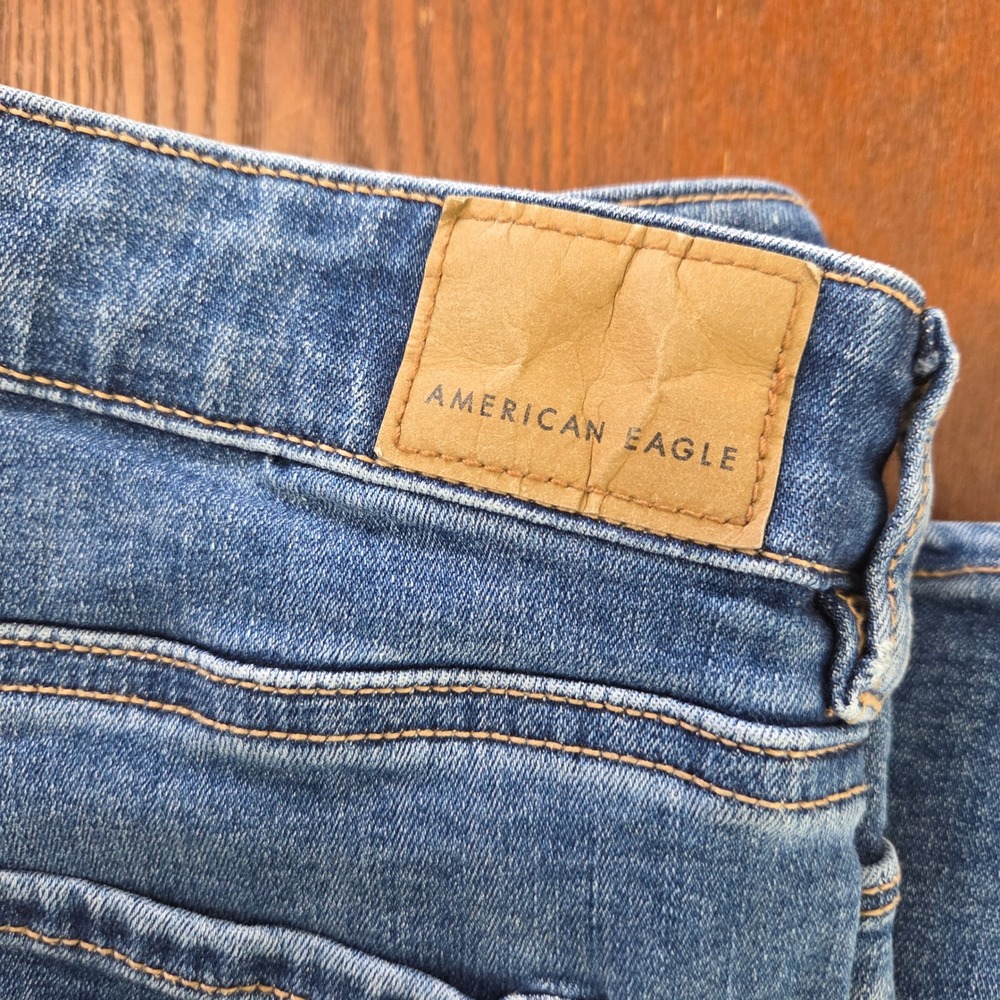American Eagle Bootcut Jeans Mid Rise Raw Hem Stretch Medium‎ Wash - Picture 7 of 11